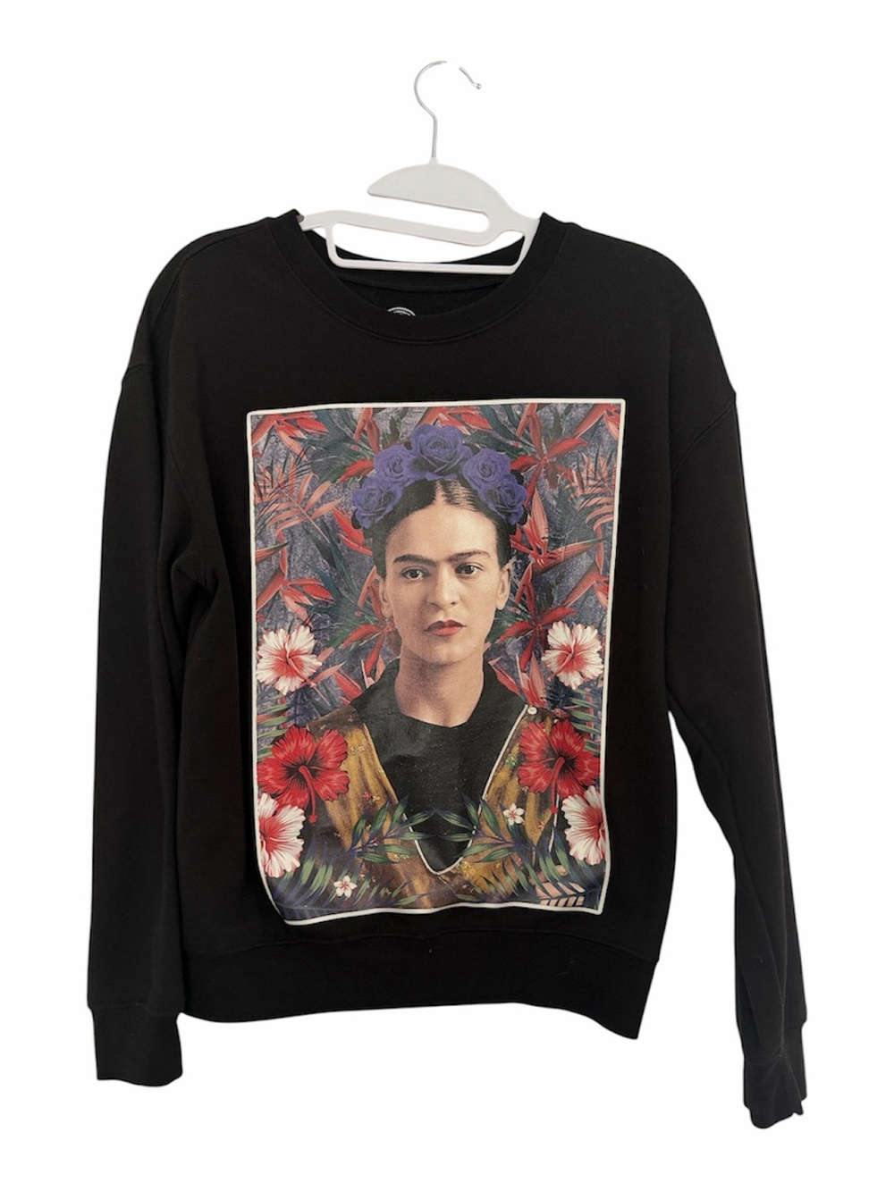 Frida Kahlo Black Sweatshirt with Colorful Floral Portrait Panel